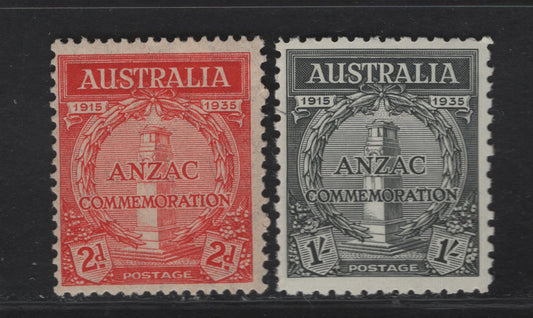 Lot 304 Australia SG#154-155 2d - 1/- Scarlet - Black Cenotaph - Whitehall, 1935 20th Anniv of Gallipoli Landing Issue, 2 F/VFNH Singles