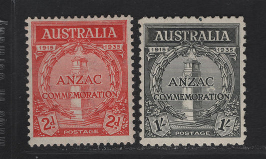 Lot 305 Australia SG#154-155 2d - 1/- Scarlet - Black Cenotaph - Whitehall, 1935 20th Anniv of Gallipoli Landing Issue, 2 F/VFOG Singles