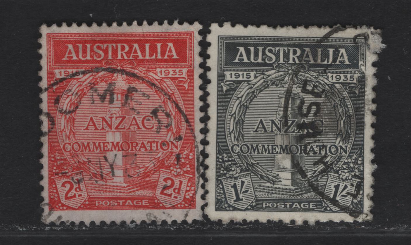 Lot 306 Australia SG#154-155 2d - 1/- Scarlet - Black Cenotaph - Whitehall, 1935 20th Anniv of Gallipoli Landing Issue, 2 Very Fine Used Singles