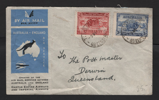Lot 307 Australia SG#150-151 2d - 3d Carmine Red - Blue Merino Ram, 1934 Macarthur Issue, 2 Fine Used Singles On Cover, Somewhat Wrinkled But Fine Commermorative Cachet Cover, First Airmail Between AU & UK By Quantas & Imperial Airways