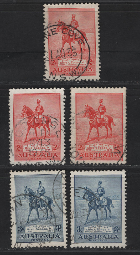 Lot 309 Australia SG#156-157 2d - 3d Scarlet - Dull Blue King George V On Anzac, 1935 Silver Jubilee Issue, 5 Fine/Very Fine Used Singles
