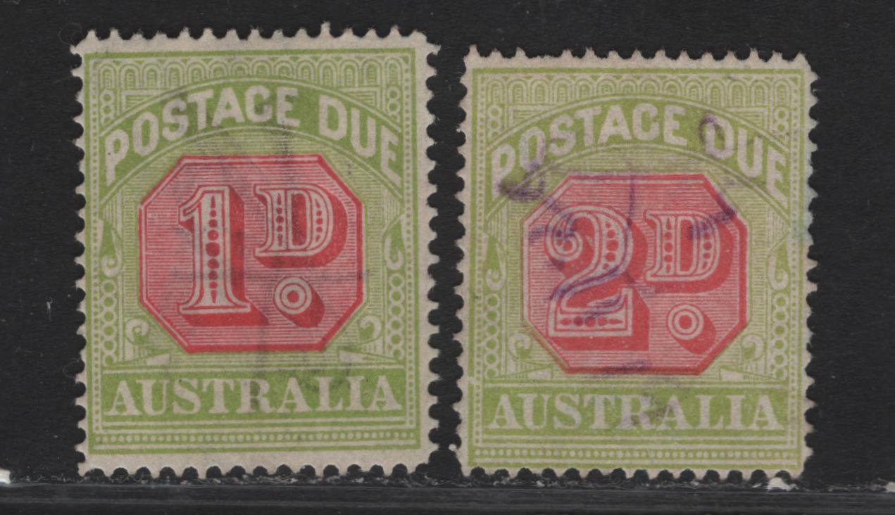 Lot 311 Australia SG#D80a, D81 1d - 2d Scarlet & Pale Yellow Green Numerals, 1913-1923 Postage Dues, 2 Fine Used Singles, Crown Over Double Lined A Wmk