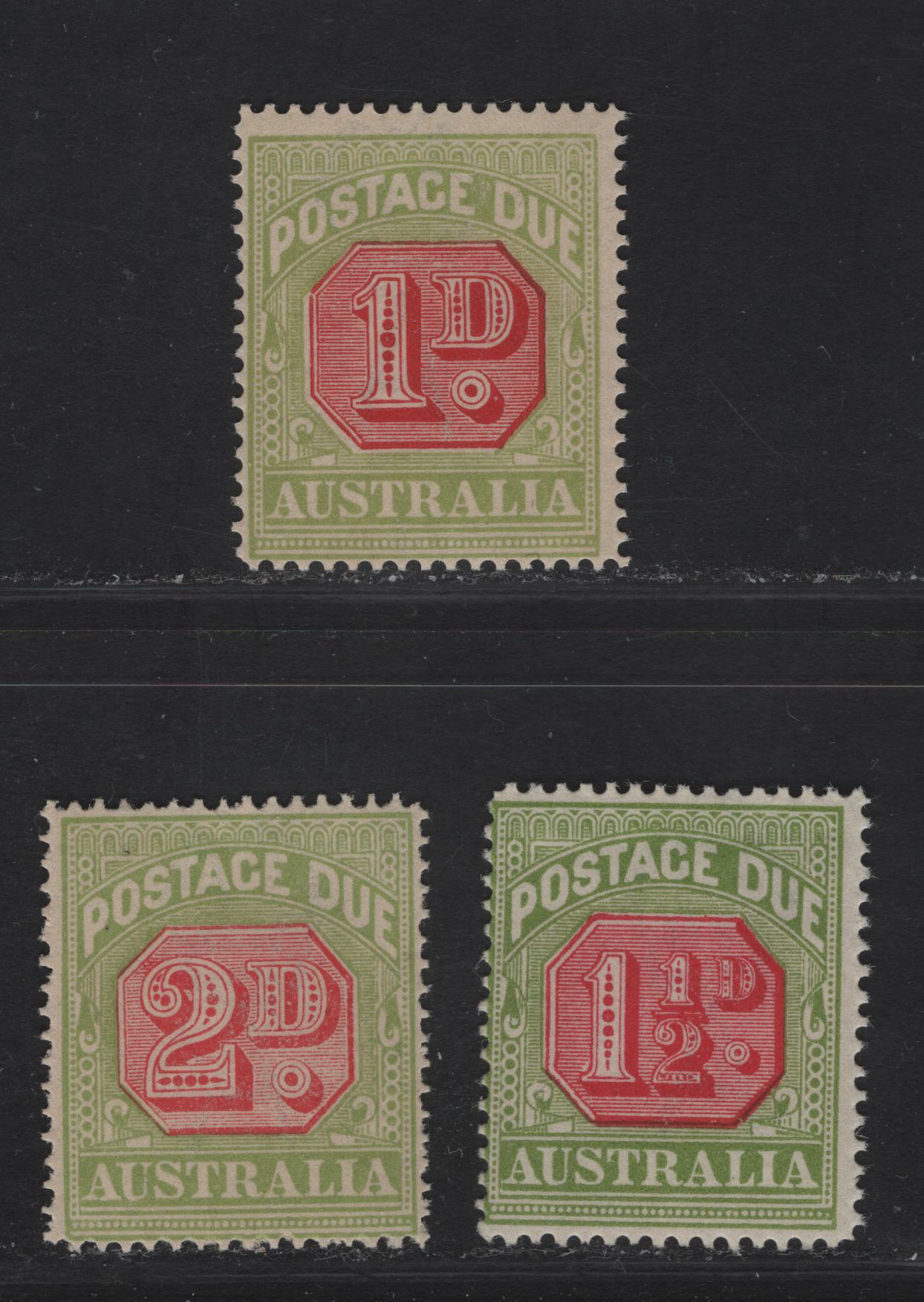 Lot 312 Australia SG#D92-D94 1d - 2d Carmine & Yellow Green Numerals, 1922-1930 Postage Dues, 3 F/VFNH Singles, Crown Over A Wmk, Perf 14, Pen Cancelled.