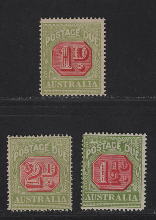 Lot 312 Australia SG#D92-D94 1d - 2d Carmine & Yellow Green Numerals, 1922-1930 Postage Dues, 3 F/VFNH Singles, Crown Over A Wmk, Perf 14, Pen Cancelled.