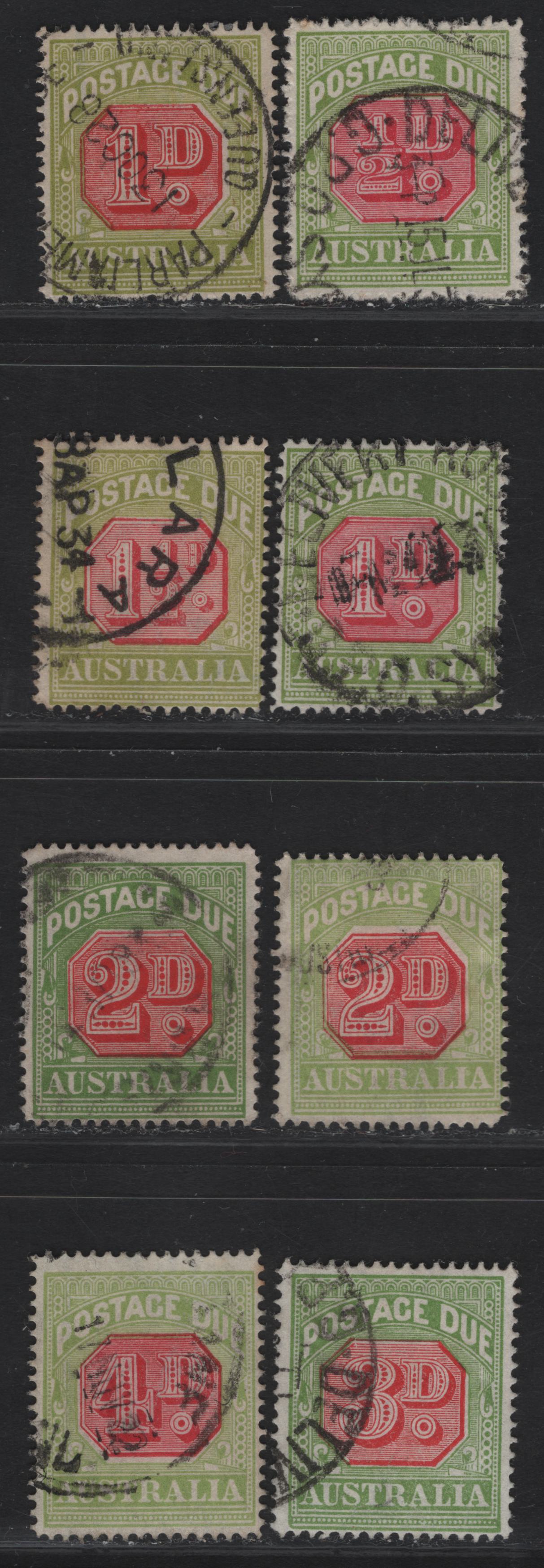 Lot 313 (C) Australia SG#D91-D96 1/2d - 4d Carmine & Yellow Green Numerals, 1922-1930 Postage Dues, 8 Fine/Very Fine Used Singles, Crown Over A Wmk, Perf 14, Additional Shades Of 1d & 2d.