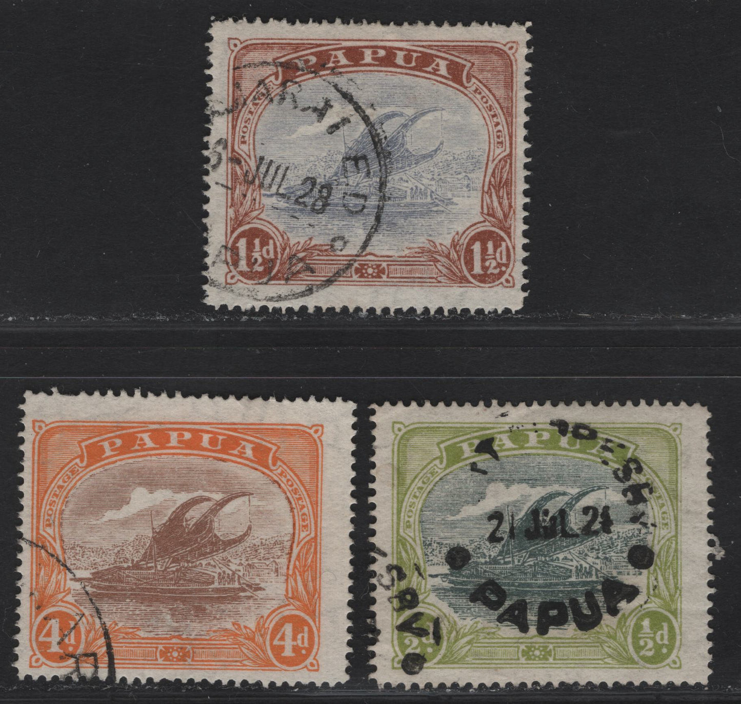 Lot 316 (C) Papua SG#93aw, 95awm 99aw 1/2d - 4d Myrtle & Apple Green - Brown & Orange Lakatoi, 1916-1931 Lakatoi Definitives, 3 Fine Used Singles, Crown Over A Wmk Sideways Inverted