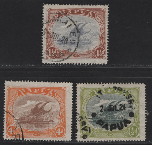 Lot 316 (C) Papua SG#93aw, 95awm 99aw 1/2d - 4d Myrtle & Apple Green - Brown & Orange Lakatoi, 1916-1931 Lakatoi Definitives, 3 Fine Used Singles, Crown Over A Wmk Sideways Inverted