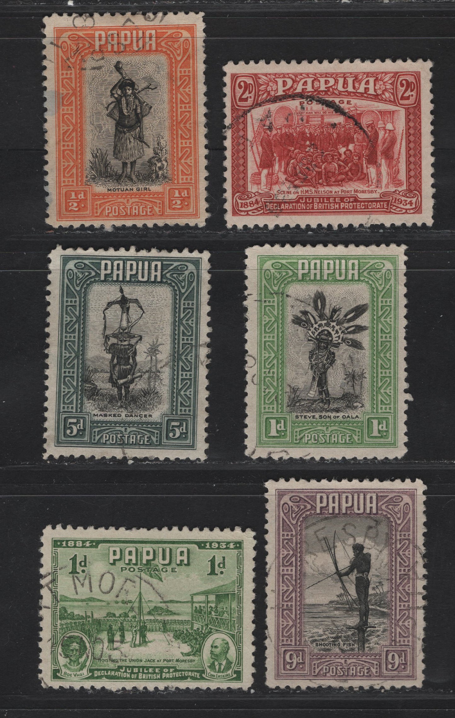 Lot 317 (C) Papua SG#130-131, 136, 138, 146-147 1/2d - 2d Black & Orange - Scarlet Moutan Girl - HMS Nelson, 1932-1940 Pictorial - 50th Anniv of Protectorate Issues, 6 Fine/Very Fine Used Singles