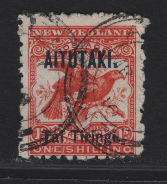 Lot 318 (C) Aitutaki SG#7 1/- Bright Red Kea & Kaka, 1903-1911 Pictorial Issue, A Fine Used Single, Perf 11.5, Overprinted