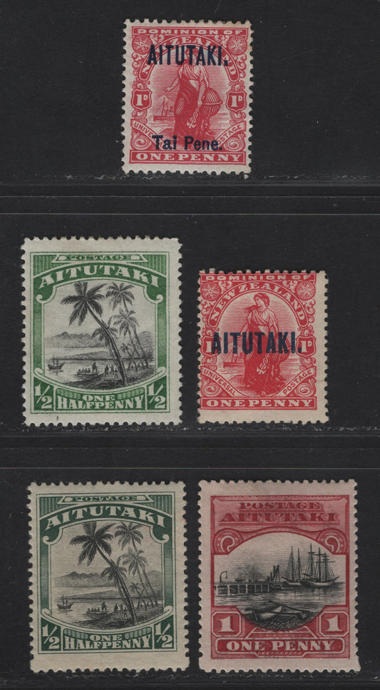 Lot 319 Aitutaki SG#10, 20, 24, 25, 30 1d - 1/2d Carmine - Black & Green Woman Standing - Capt. Cook Landing, 1911 - 1927 Overprinted Universal Penny Post - Pictorial Issues, 5 FOG Singles, Small Tone Spot OnFirst 1d Overprint
