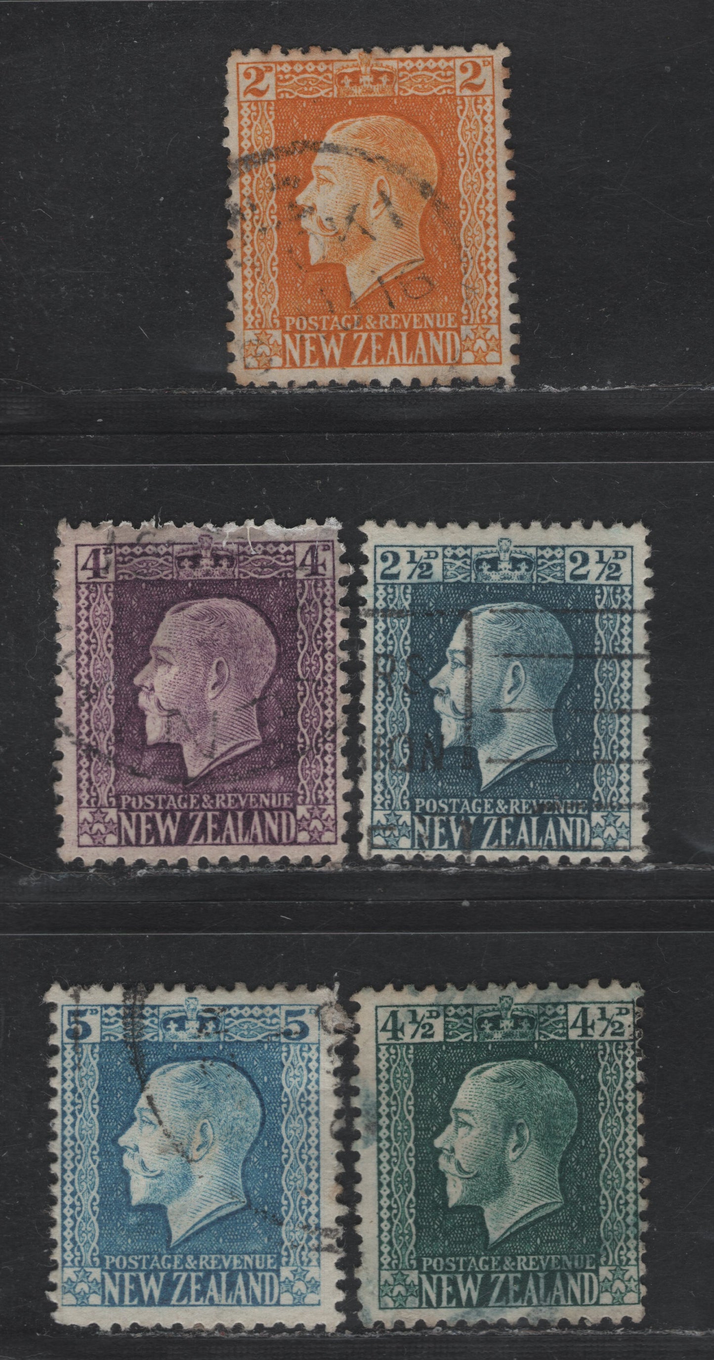 Lot 32 (C) New Zealand SG#418-419, 422-424 2d - 5d Yellow - Light Blue King George V, 1915-1930 Pictorial Issue, 5 Fine Used Singles, Engraved, Perfs 14x13.5