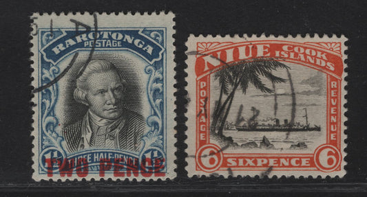 Lot 322 Cook Islands SG#93, 104 2d on 1.5d - 6d Black & Blue - Black & Orange Capt. Cook - HMS Monowai, 1931-1932 Pictorial - Surcharged Issues, 2 Fine Used Singles, Unwatermarked