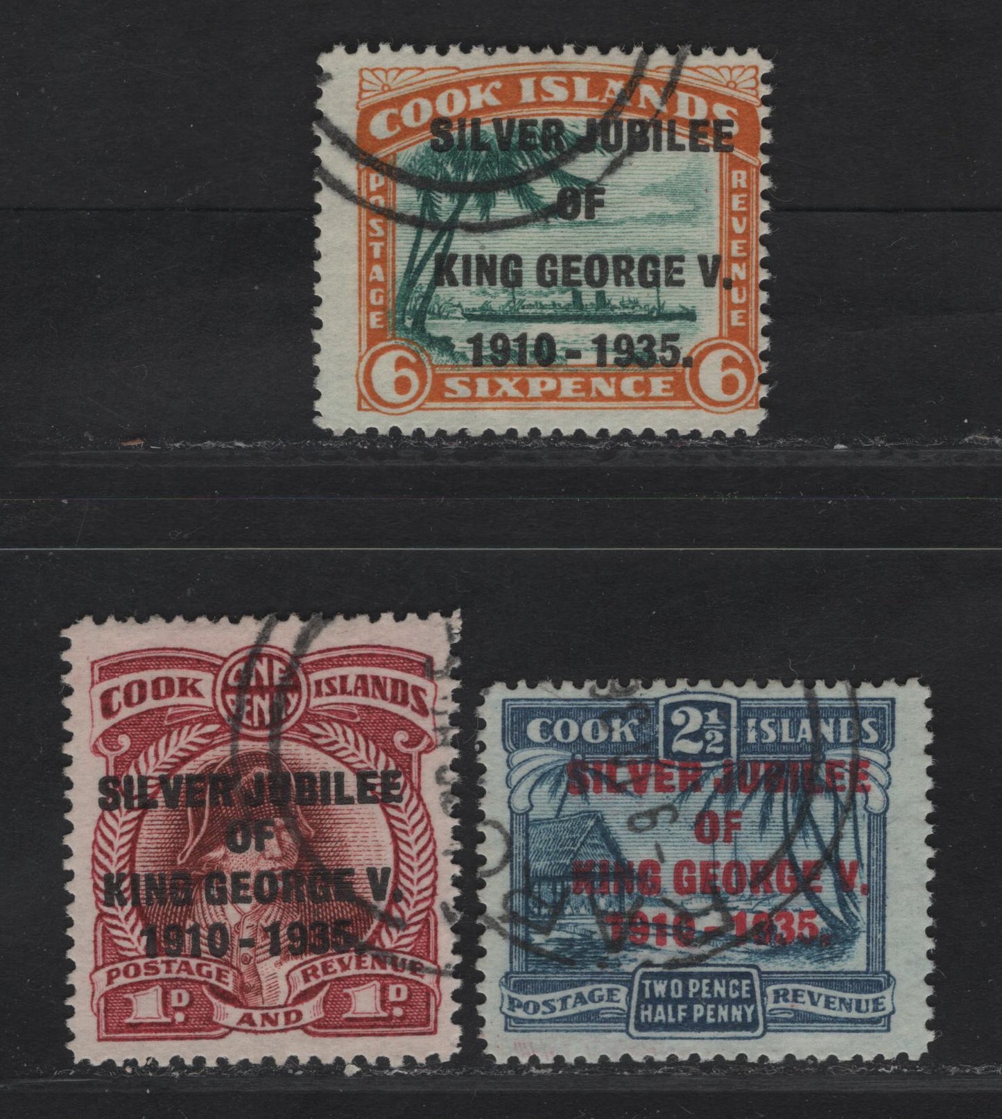 Lot 323 Cook Islands SG#113-115 1d - 6d Red Brown & Lake - Green & Orange Capt Cook - HMS Monowai, 1935 Silver Jubilee Issue, 3 Fine/Very Fine Used Singles