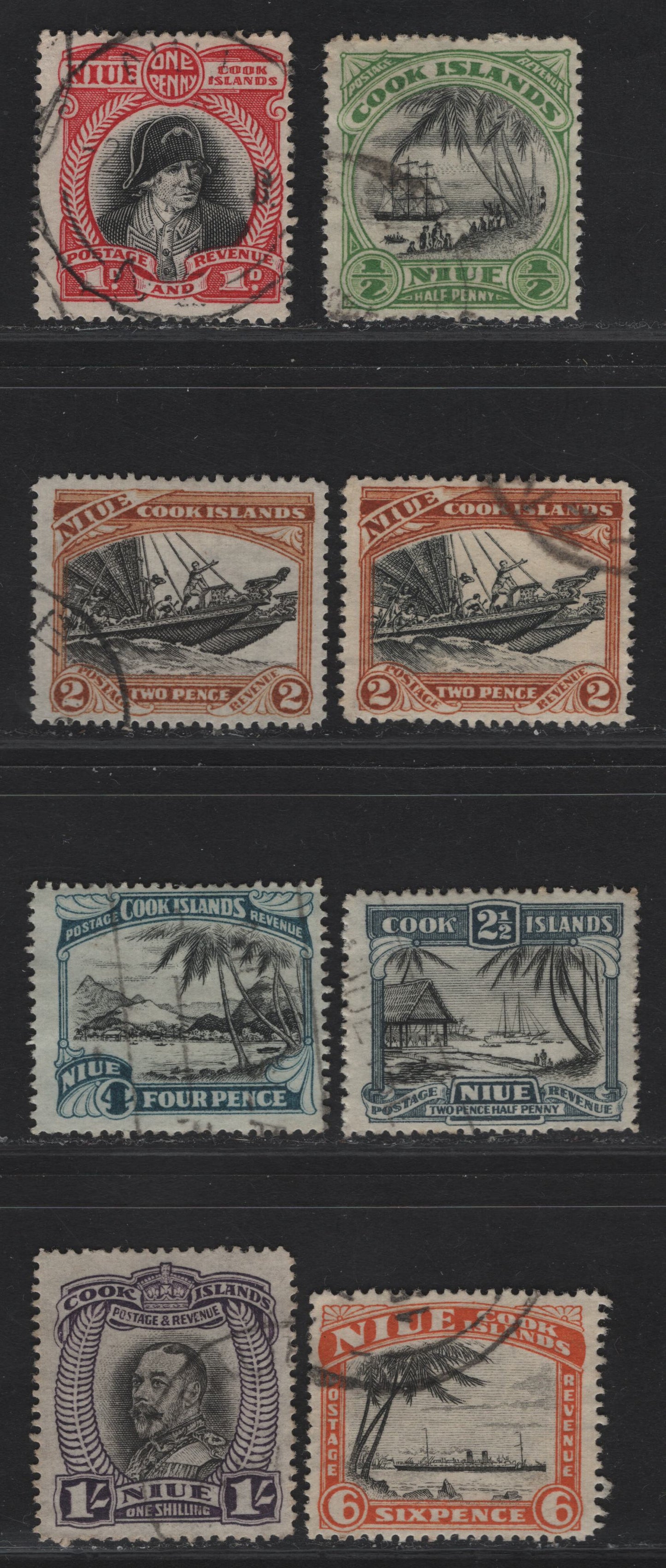 Lot 325 (C) Cook Islands SG#62-68 1/2d - 1/- Emerald & Black - Black & Purple Capt Cook - King George V, 1932-1936 Pictorial Issue, 8 Fine/Very Fine Used Singles, Single Star & NZ Wmk, Extra Shade Of 2d