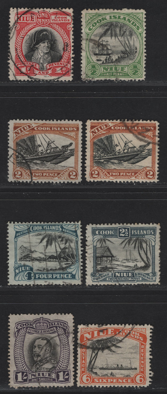 Lot 325 (C) Cook Islands SG#62-68 1/2d - 1/- Emerald & Black - Black & Purple Capt Cook - King George V, 1932-1936 Pictorial Issue, 8 Fine/Very Fine Used Singles, Single Star & NZ Wmk, Extra Shade Of 2d