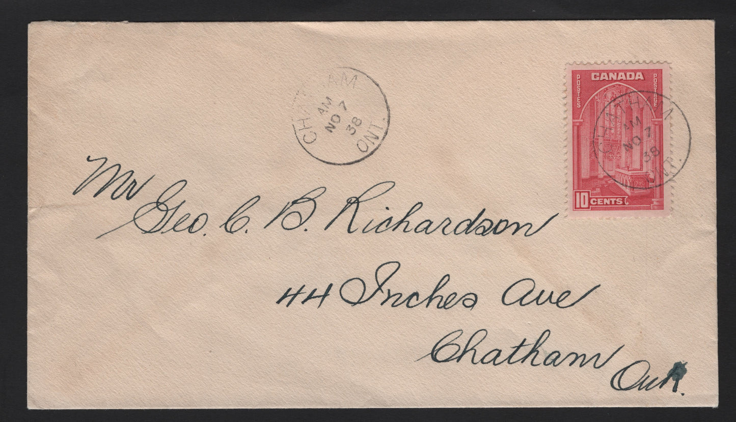 Lot 326 Canada #241a 10c Carmine Rose Memorial Chamber, 1938 Pictorial Issue, A VF Cover A 1938 Printing Of This Distinctive Shade On VF Cover(Single Use)