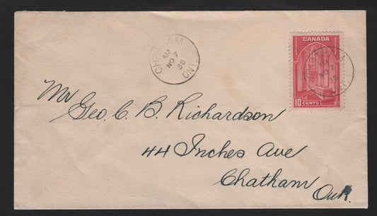 Lot 326 Canada #241a 10c Carmine Rose Memorial Chamber, 1938 Pictorial Issue, A VF Cover A 1938 Printing Of This Distinctive Shade On VF Cover(Single Use)