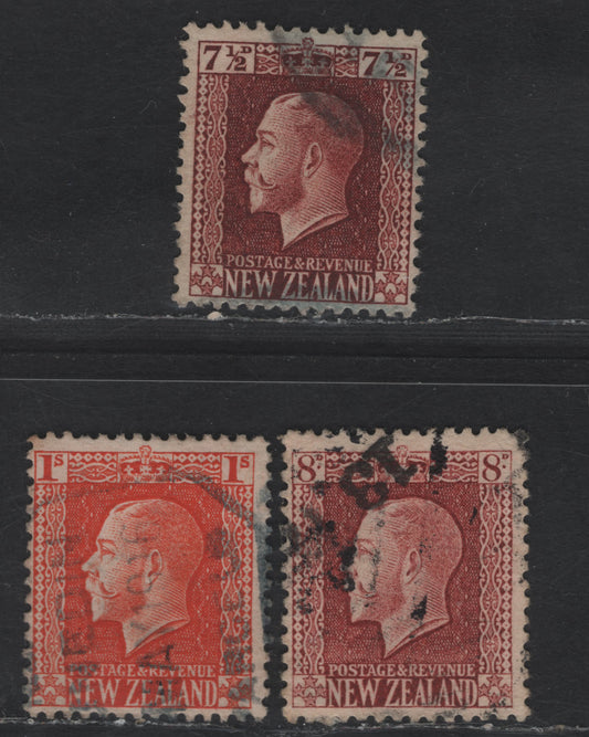 Lot 33 (C) New Zealand SG#426, 428, 430 7.5d - 1/- Red Brown - Vermillion King George V, 1915-1930 Pictorial Issue, 3 Fine Used Singles, Perfs 14x13.5