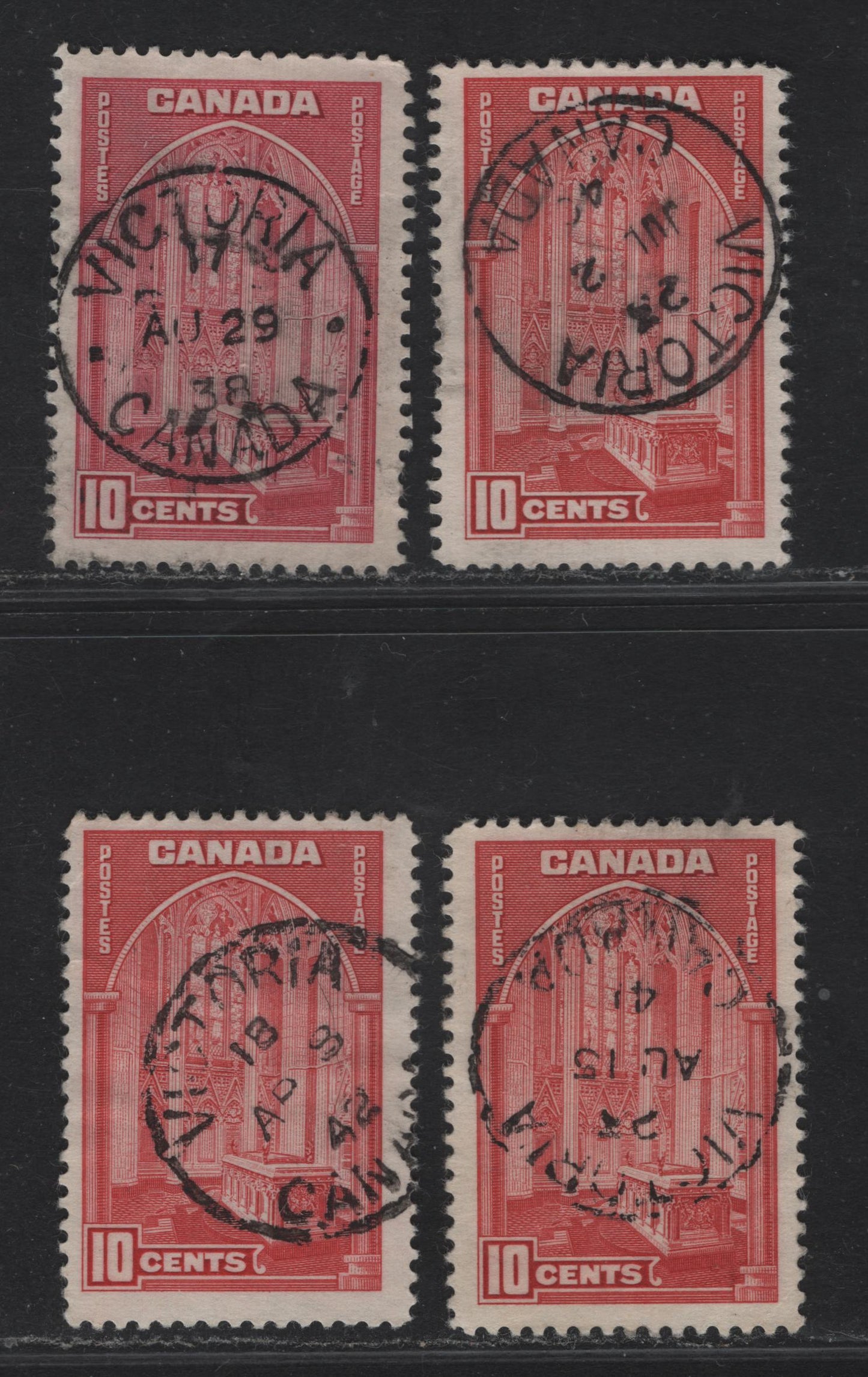 Lot 339 Canada #241, 241a 10c Carmine, Deep Carmine, Bright Carmine, Bluish Carmine Rose Memorial Chamber, 1938 Pictorial Issue, 4 F & VF Used Singles CDS SON Dated Used Examples , All With 1938, 1940, 1941&1942 Cancels. Paper Types CBN-B, CBN-A & CBN-E