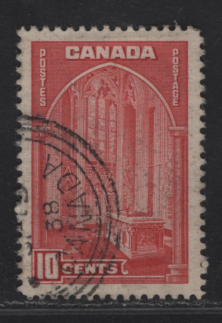 Lot 340 Canada #241 10c Deep Carmine Memorial Chamber, 1938 Pictorial Issue, A Very Fine Used Single Scarcer 1938 Printing On Paper CBN-C, Rather Than CBN-B, CBN-D And CBN-E, Which The Carmine Shade Is More Usually Found. Perf 11.9 Instead Of Usual 12