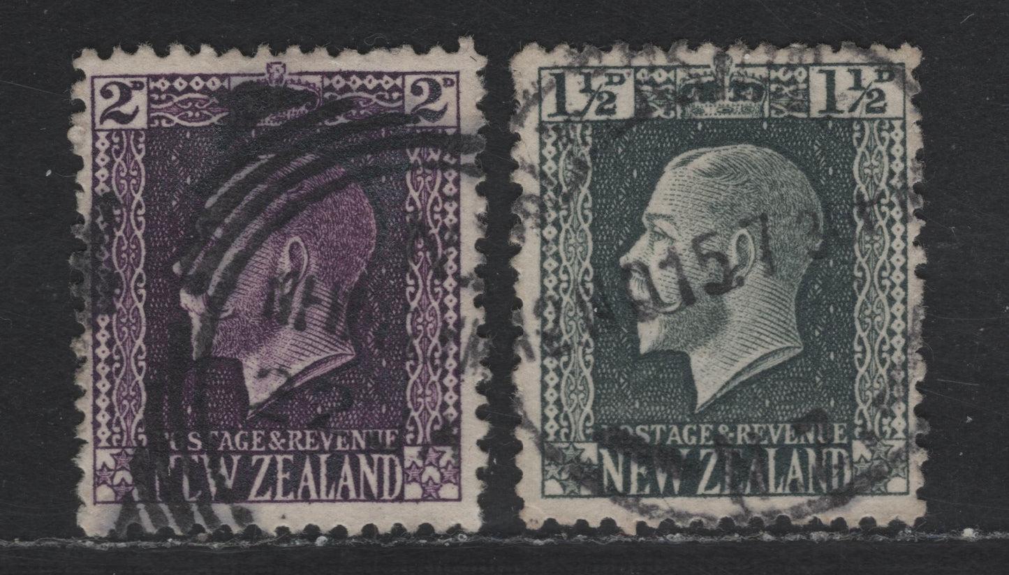 Lot 34 (C) New Zealand SG#416a, 417a 1/2d - 2d Gray Slate - Bright Violet King George V, 1915-1930 KGV Sideface Issue, 2 Fine/Very Fine Used Singles, Perf 14x14.5