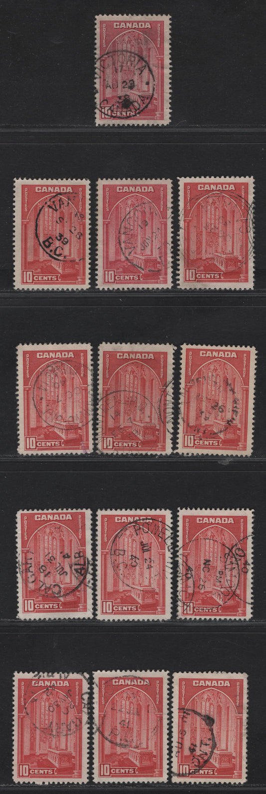Lot 342 Canada #241, 241a 10c Carmine,Carmine Rose Memorial Chamber, 1938 Pictorial Issue, 13 F & VF Used Singles Dated Used Examples Showing A Range Of Cancels From 1938-1942