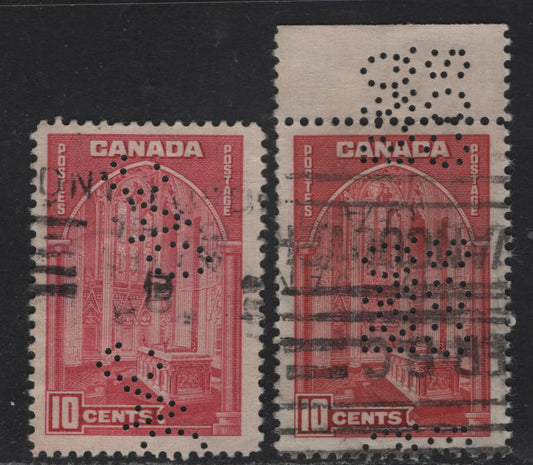 Lot 344 Canada #241, 241A var 10c Carmine Rose & Deep Bright Carmine Memorial Chamber, 1938 Pictorial Issue, 2 Fine Used Singles On Paper Type CBN-A With Perfins Of Ocean Accident Guarantee Of Toronto & Royal&Queen Insurance Companies Of Vancouver