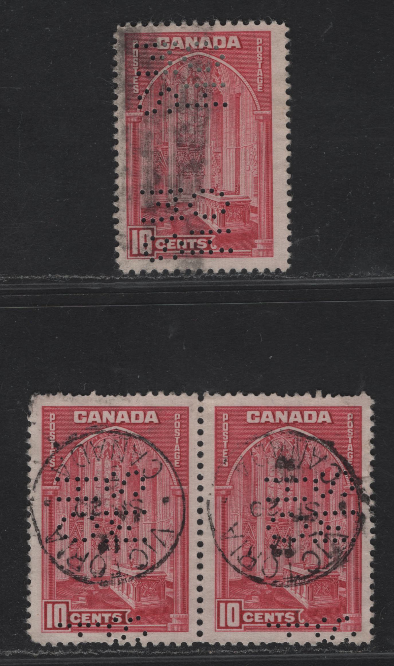 Lot 346 Canada #O8-241a 10c Carmine Rose & Bright Carmine Rose Memorial Chamber, 1938 Pictorial Issue, A Fine Used Pair And Single On Paper CBN-A, With 5 Hole OHMS Perfin From Positions 2 & 4. Position 2 Is A Pair
