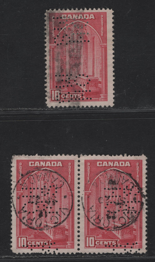Lot 346 Canada #O8-241a 10c Carmine Rose & Bright Carmine Rose Memorial Chamber, 1938 Pictorial Issue, A Fine Used Pair And Single On Paper CBN-A, With 5 Hole OHMS Perfin From Positions 2 & 4. Position 2 Is A Pair