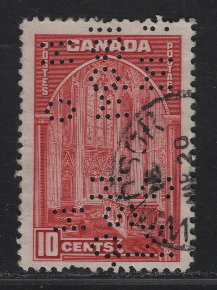 Lot 347 Canada #O9-241 10c Carmine Memorial Chamber, 1938 Pictorial Issue, A Fine Used Single On Paper Type CBN-B, With 5-Hole OHMS Perfin, Doubled, Position 2