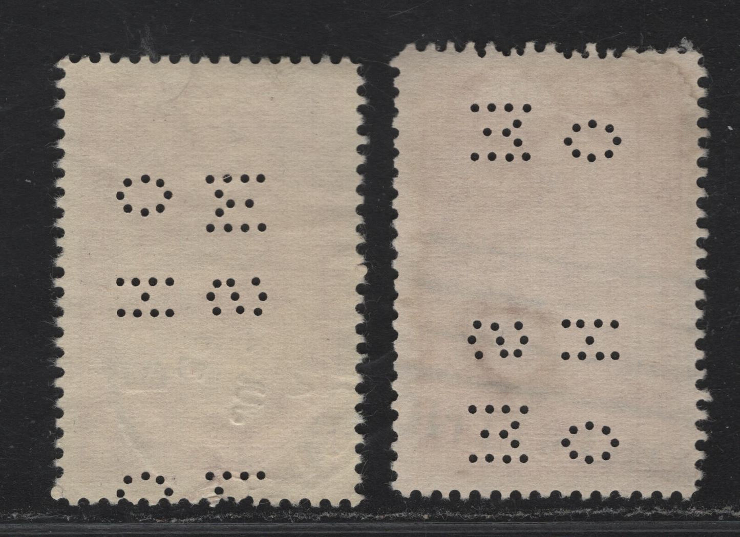 Lot 348 Canada #O9-241a 10c Carmine Rose Memorial Chamber, 1938 Pictorial Issue, 2 F & VF Used Singles On Paper Type CBN-C, 4 Hole Perfins From Positions 2 & 4