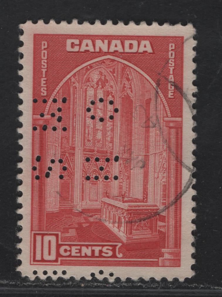 Lot 350 Canada #O9-241 10c Carmine Memorial Chamber, 1938 Pictorial Issue, A Very Fine Used Single On Paper Type CBN-I, 4-Hole OHMS Position 4. This Is The Only Example I Found In Sorting Many Used 4-Hole OHMS Stamps