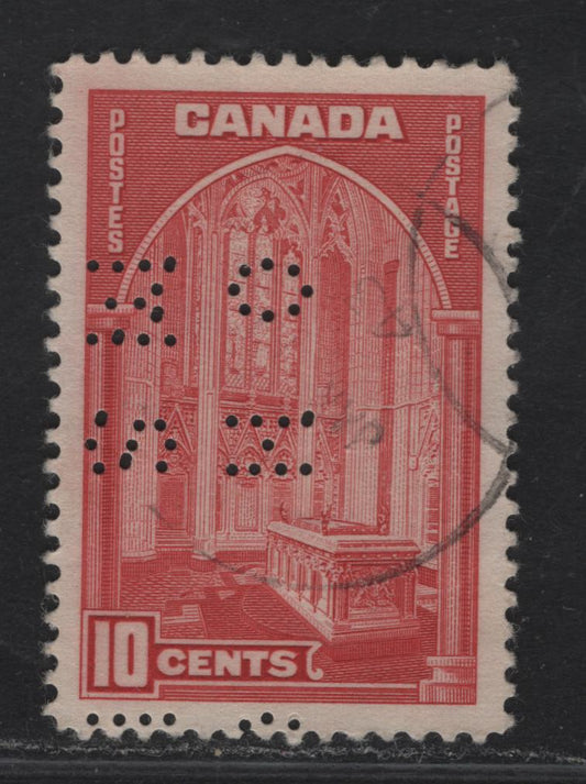 Lot 350 Canada #O9-241 10c Carmine Memorial Chamber, 1938 Pictorial Issue, A Very Fine Used Single On Paper Type CBN-I, 4-Hole OHMS Position 4. This Is The Only Example I Found In Sorting Many Used 4-Hole OHMS Stamps