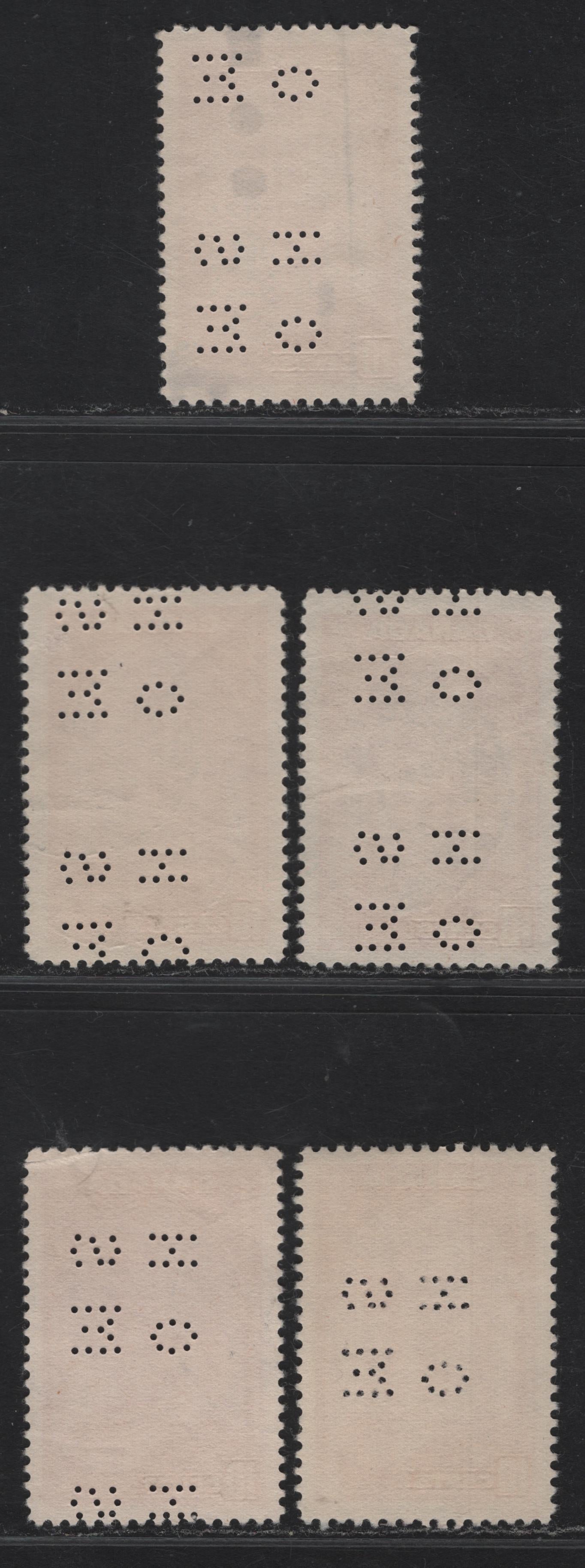 Lot 351 Canada #O9-241 10c Carmine, Bright Carmine & Deep Bright Carmine Memorial Chamber, 1938 Pictorial Issue, 5 Very Fine Used Singles On Paper Types CBN-B, CBN-G And CBN-I. 4 Hole OHMS Perfins From Position 2.