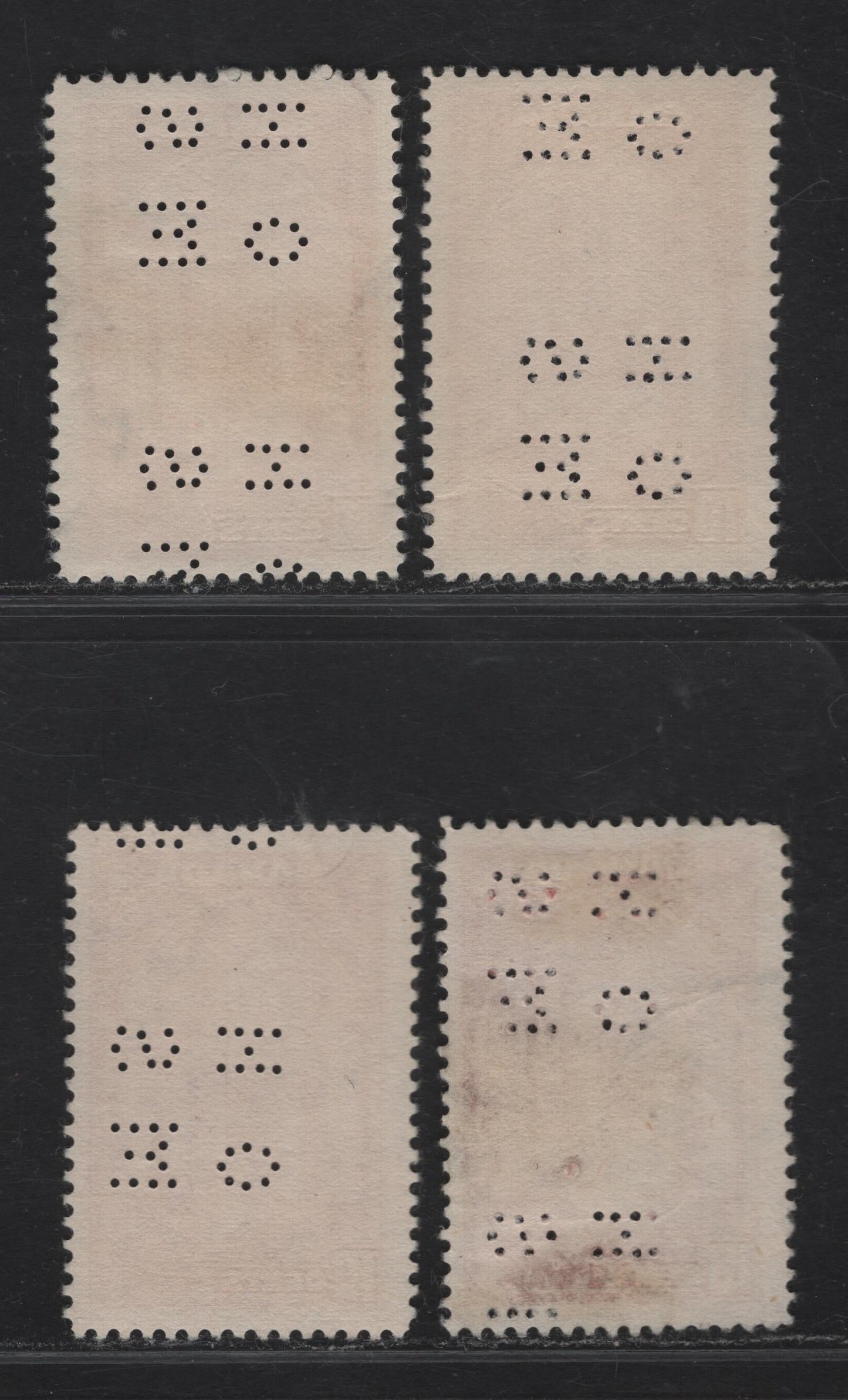 Lot 352 Canada #O9-241a 10c Carmine, Bright Carmine Memorial Chamber, 1938 Pictorial Issue, 4 F & VF Used Singles On Paper Types CBN-B, CBN-G And CBN-I. 4 Hole OHMS Perfins From Position 2.