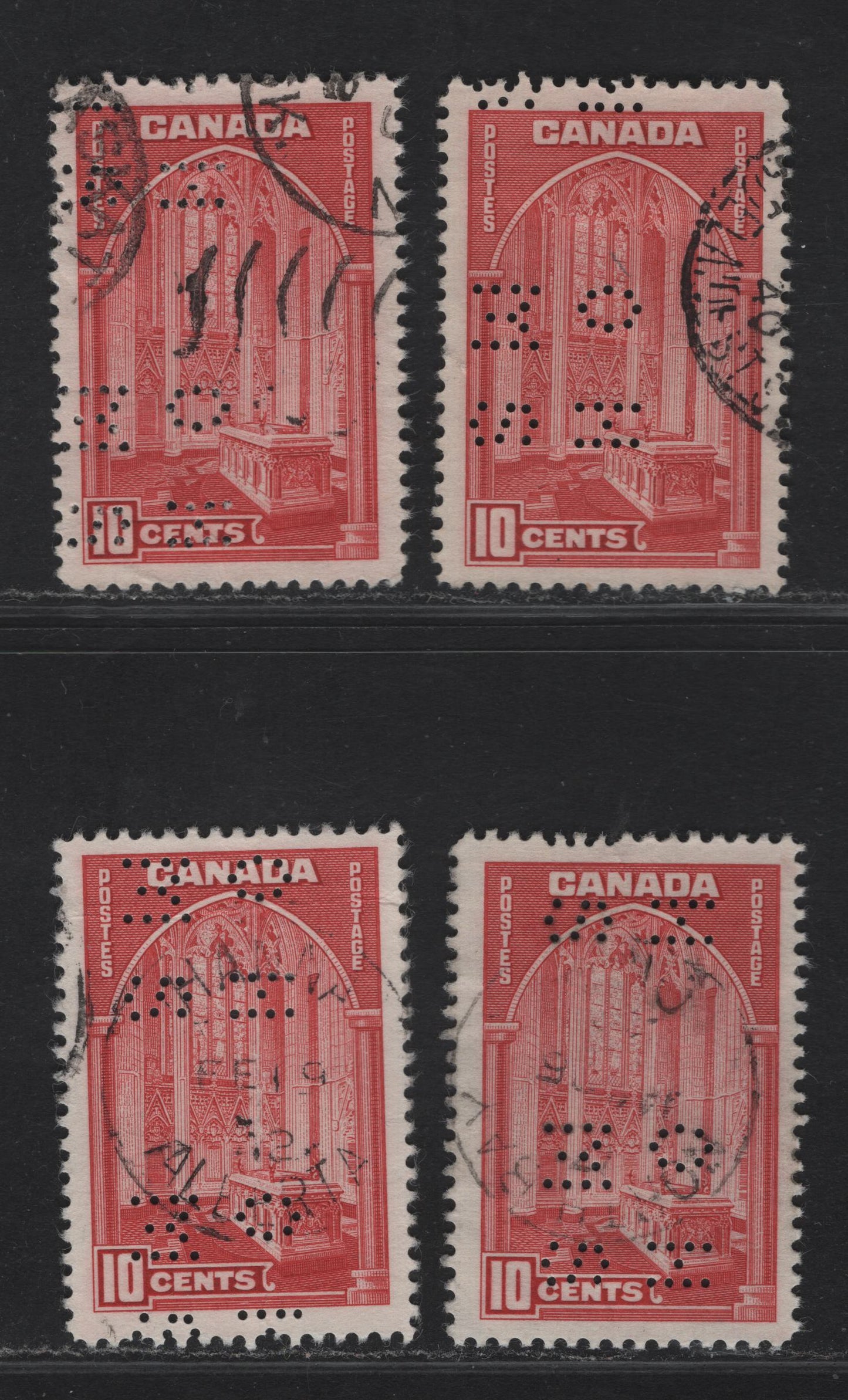 Lot 353 Canada #O9-241 10c Carmine, Lighter Carmine & Bright Carmine Memorial Chamber, 1938 Pictorial Issue, 4 F & VF Used Singles On Papers CBN-A, CBN-I And CBN-J, 4 Hole OHMS Perfins From Position 4