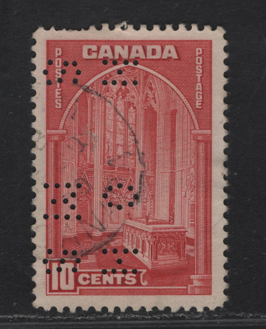 Lot 354 Canada #O9-241var 10c Carmine Memorial Chamber, 1938 Pictorial Issue, A Fine Used Single On Cream Paper, CBN-C With 4-Hole OHMS Perfin From Position 4. Two short perfs, but seems quite a bit scarcer than the white paper