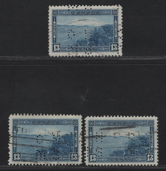 Lot 364 Canada #O9-242 13c Dark Blue - Deep Bright Blue Halifax Harbor, 1938 Pictorial Issue, 3 Fine/Very Fine Used Singles, 4-Hole OHMS Perfins From Pos. 1, CBN-N, CBN-L & CBN-P Papers, Perfs 12x11.9, 12.1x12 & 12x12.
