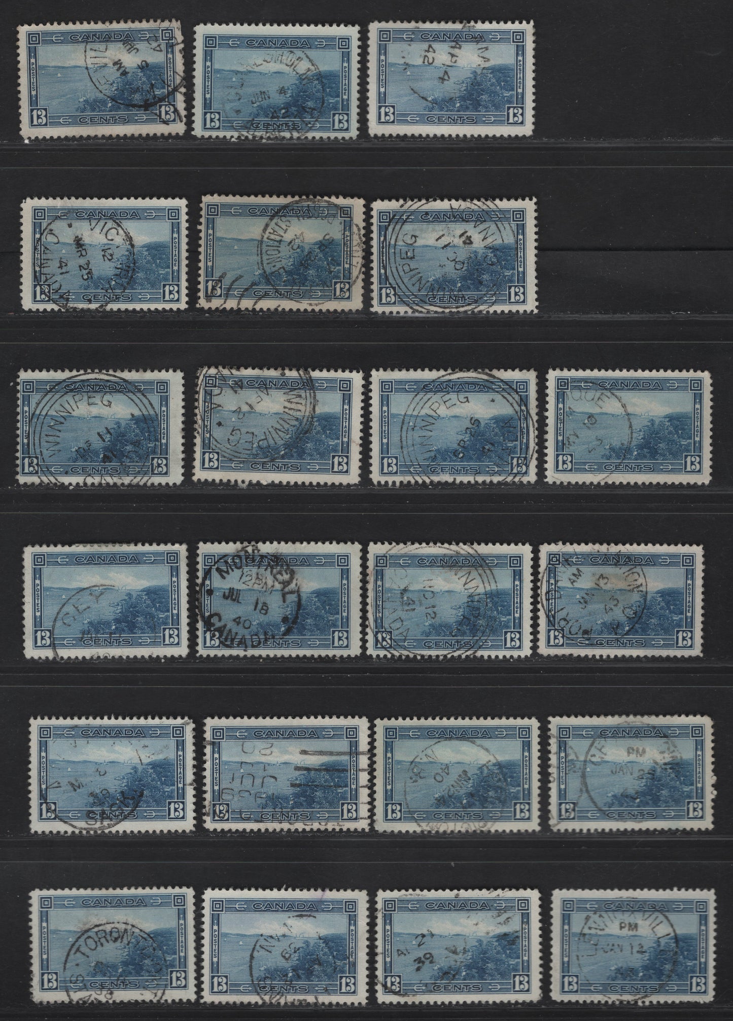 Lot 365 Canada #242 13c Deep Blue Halifax Harbor, 1938 Pictorial Issue, 22 Fine/Very Fine Used Singles, Dated Copies, Unsorted As To Paper Types