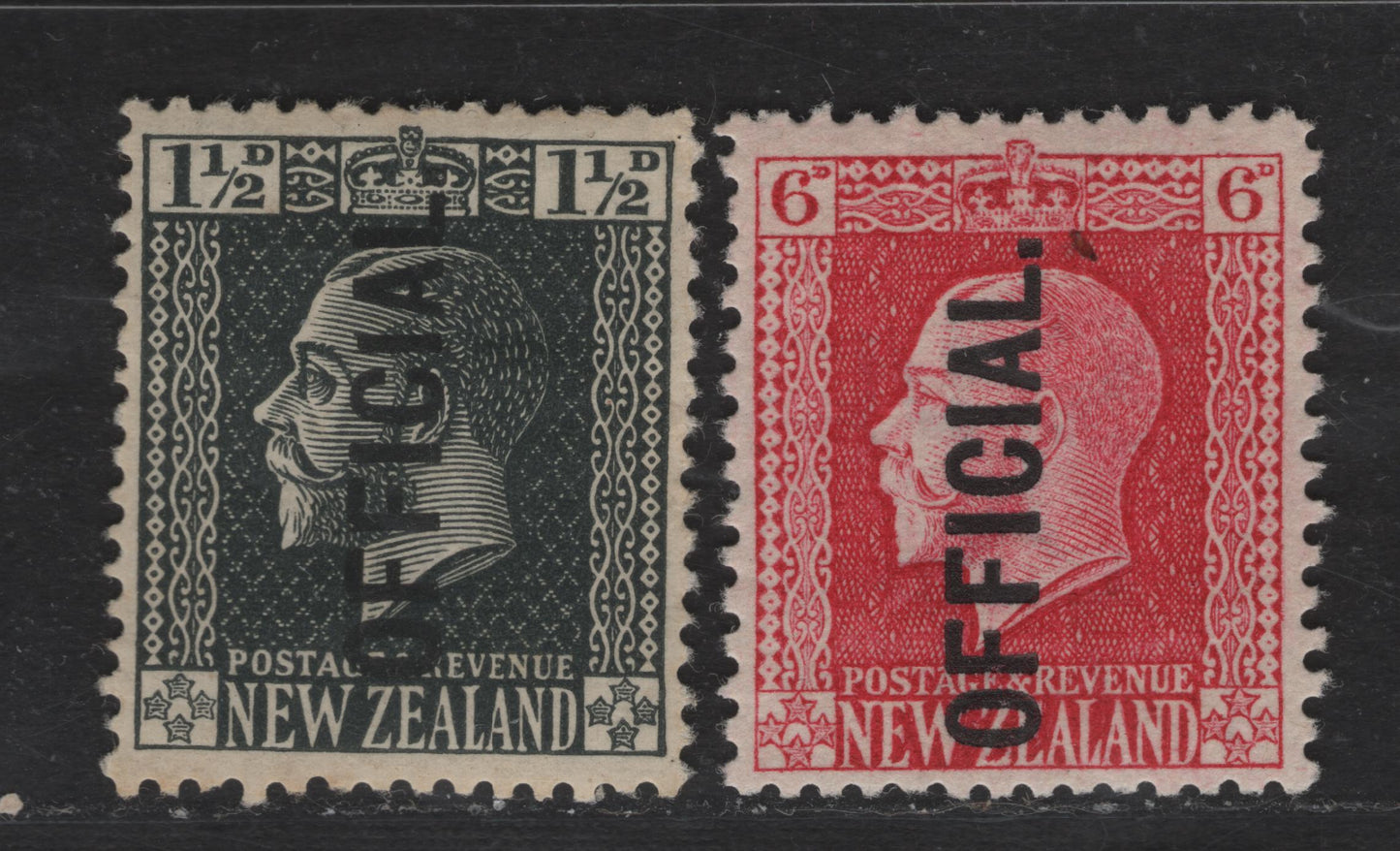 Lot 41 New Zealand SG#O90, O102 1.5d - 6d Black - Carmine King George V, 1915-1934 KGV Profile Heads Issue, 2 VFOG Singles, Perf 14x13.5, Official Overprint