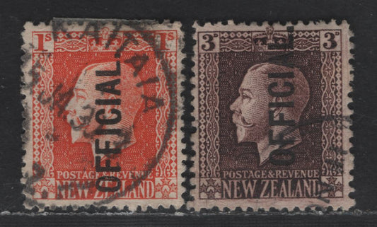 Lot 43 New Zealand SG#O100. O105 3d Chocolate - Vermillion King George V, 1915-1927 KGV Sideface Issue, 2 Fine/Very Fine Used Singles, Perf 14x14.5
