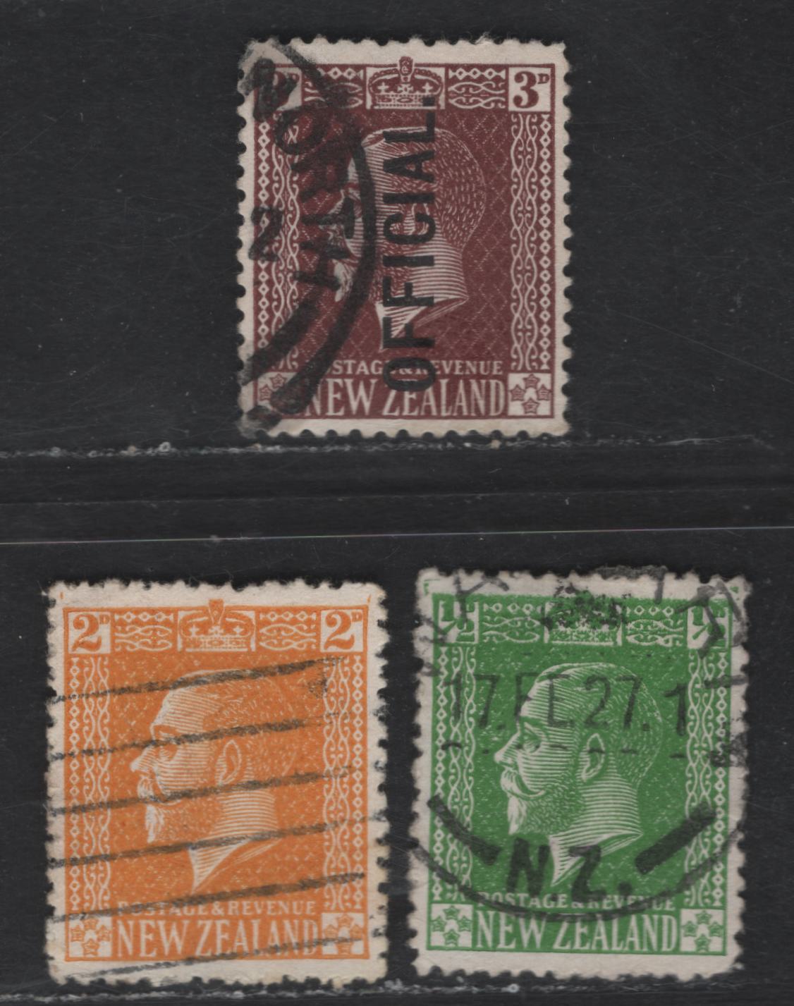 Lot 45 New Zealand SG#O95,441-442 1/2d - 3d Green - Chocolate King George V, 1924-1925 KGV Sideface Issue, 3 Very Fine Used Singles, Scarce Jones Paper