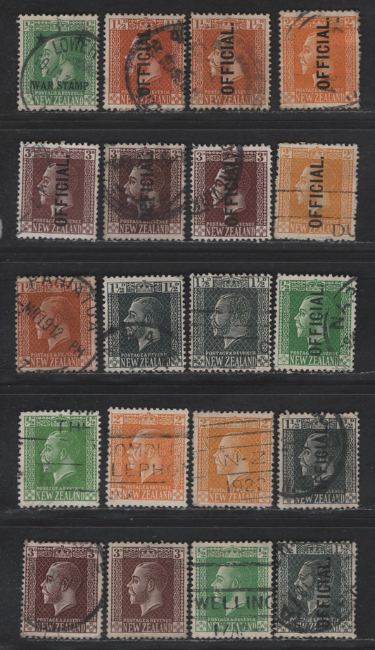 Lot 46 (C) New Zealand SG#O88-O93, 452, 435-439 1/2d - 3d Green - Chocolate King George V, 1915-1933 KGV Sideface Issue, 20 Fine/Very Fine Used Singles, With & Without Official Overprints, Additional Shades