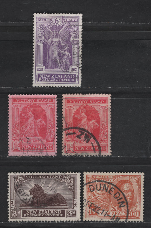 Lot 47 (C) New Zealand SG#454-a, 455-457 1d - 6d Carmine Red- Violet Peace & Lion - King George V, 1920 Victory Issue, 5 Fine/Very Fine Used Singles