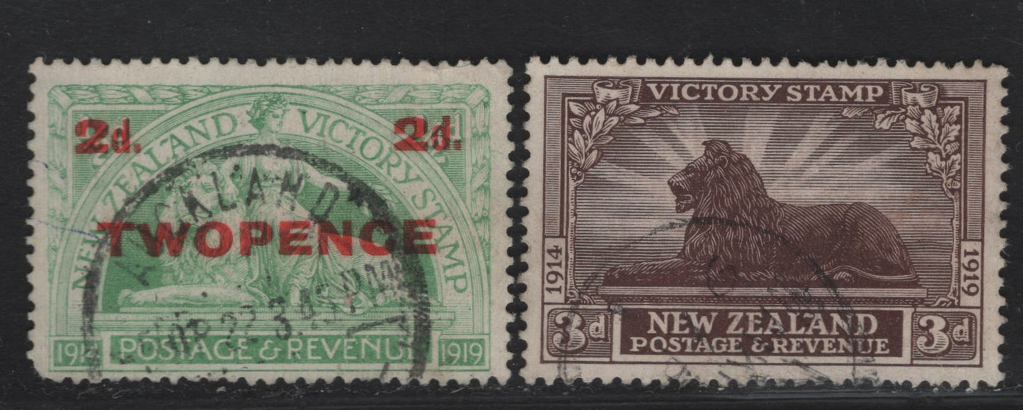 Lot 48 (C) New Zealand SG#456, 459 3d - 2d on 1.5d Chocolate - Green Native - New Zealand, 1920 Victory Issue, 2 Very Fine Used Singles
