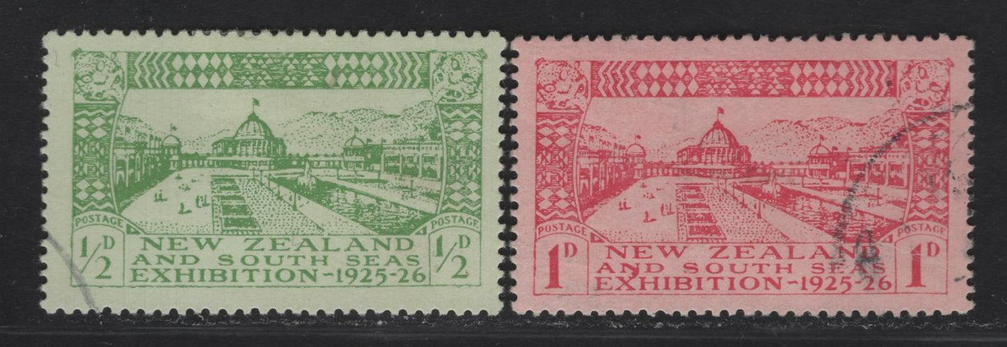 Lot 51 (C) New Zealand SG#463-464 1/2d - 1d Yellowish Green on Green - Carmine on Rose Exhibition Buildings, 1925 Dunedin Exhibition Issue, 2 Very Fine Used Singles