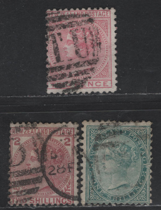 Lot 6 (C) New Zealand SG#181, 184-185 2d - 2/- Rose - Deep Rose Queen Victoria, 1874-1878 First Sideface Issue, 3 Very Good Used Singles, Perf 12x11.5, Very Small Corner Wrinkle On 1/-