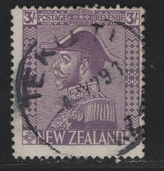 Lot 61 New Zealand SG#470 3/- Pale Mauve King George V, 1926-1934 KGV Admiral Issue, A Fine Used Single, Dull Cowan Paper