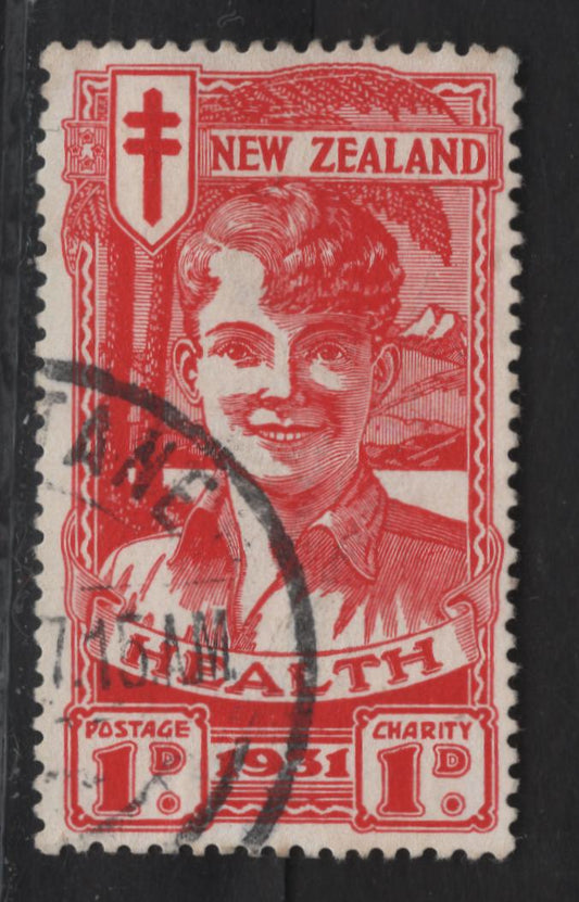 Lot 68 (C) New Zealand SG#546 1d+1d Scarlet Smiling Boy, 1931 Smiling Boy Health Issue, A Very Fine Used Single