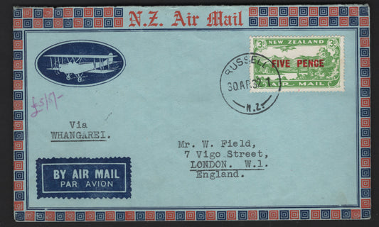 Lot 71 New Zealand SG#551 5d on 3d Green New Zealand Lake, 1931-1935 Airmail Issue, A Very Fine Used Single On Piece, Surcharged Airmail On 1932 Airmail Cover to UK
